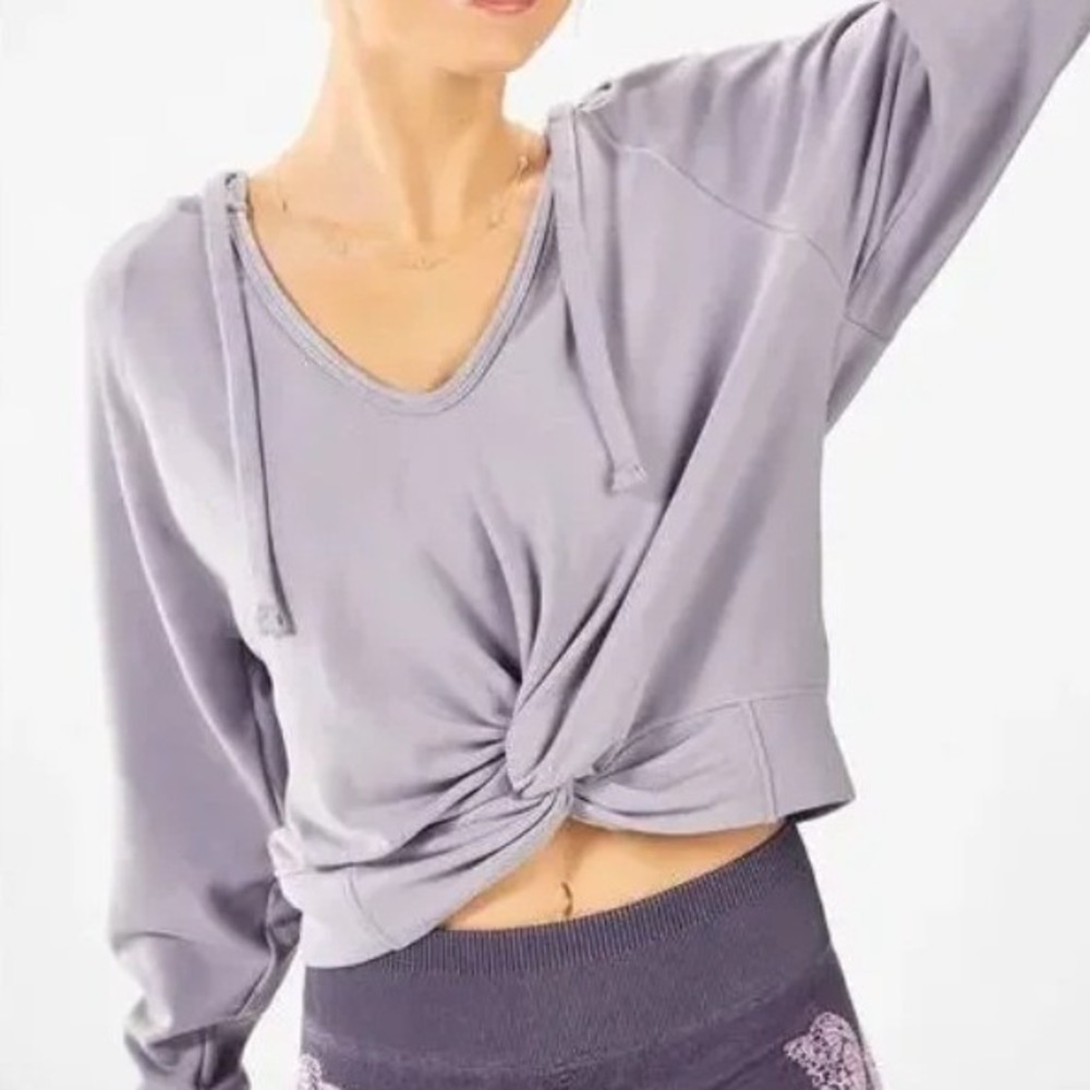 Fabletics Womens Twist Front Deep V-Neck Hoodie Grey French Terry XL Yoga gym